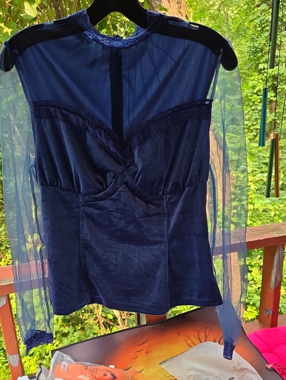 Source Unknown Navy Blue Sheer-Yoke Velvet-Look Blouse